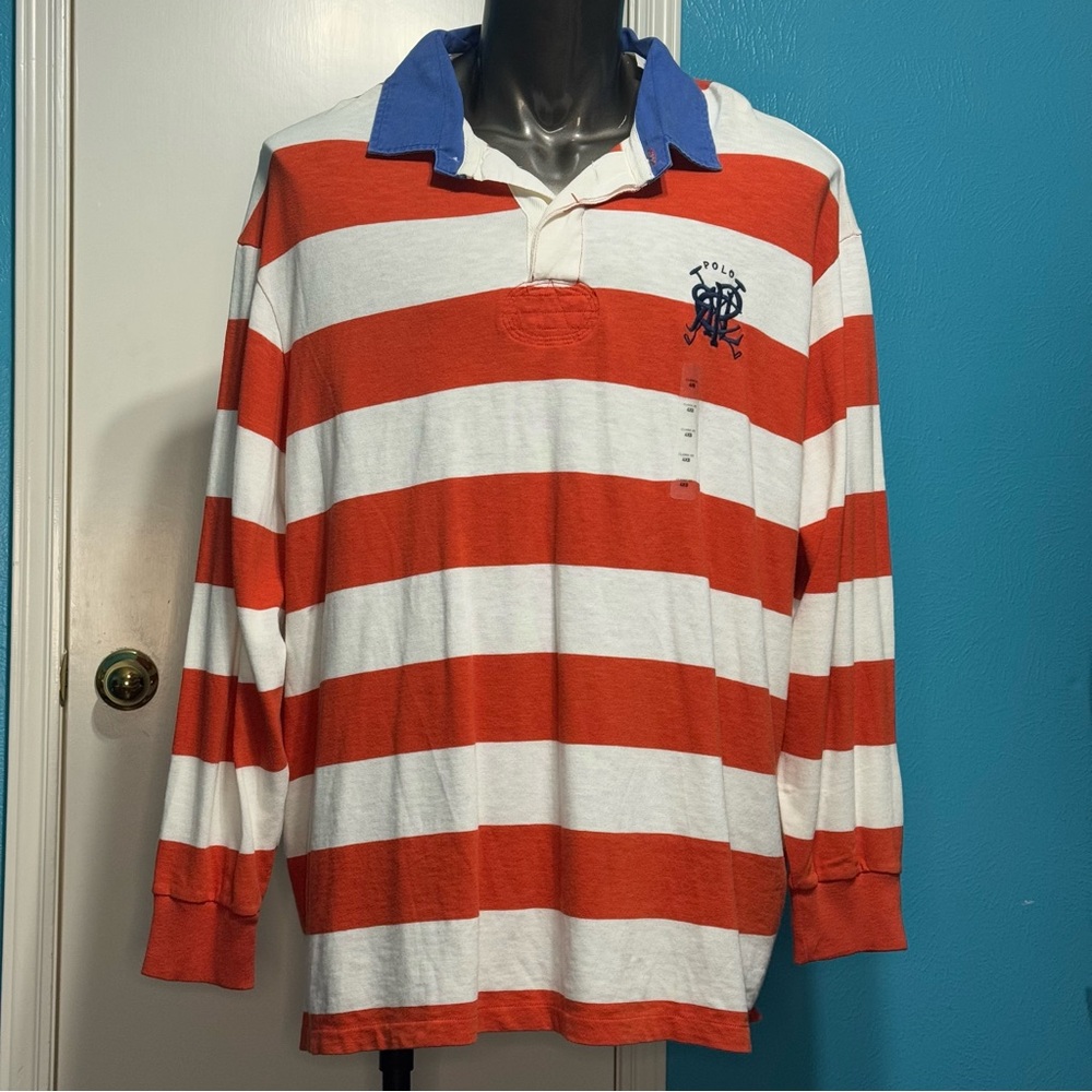 Polo Ralph Lauren Orang and White Striped Polo Long sleeve Shirt blue Collar 4XL - Picture 5 of 8